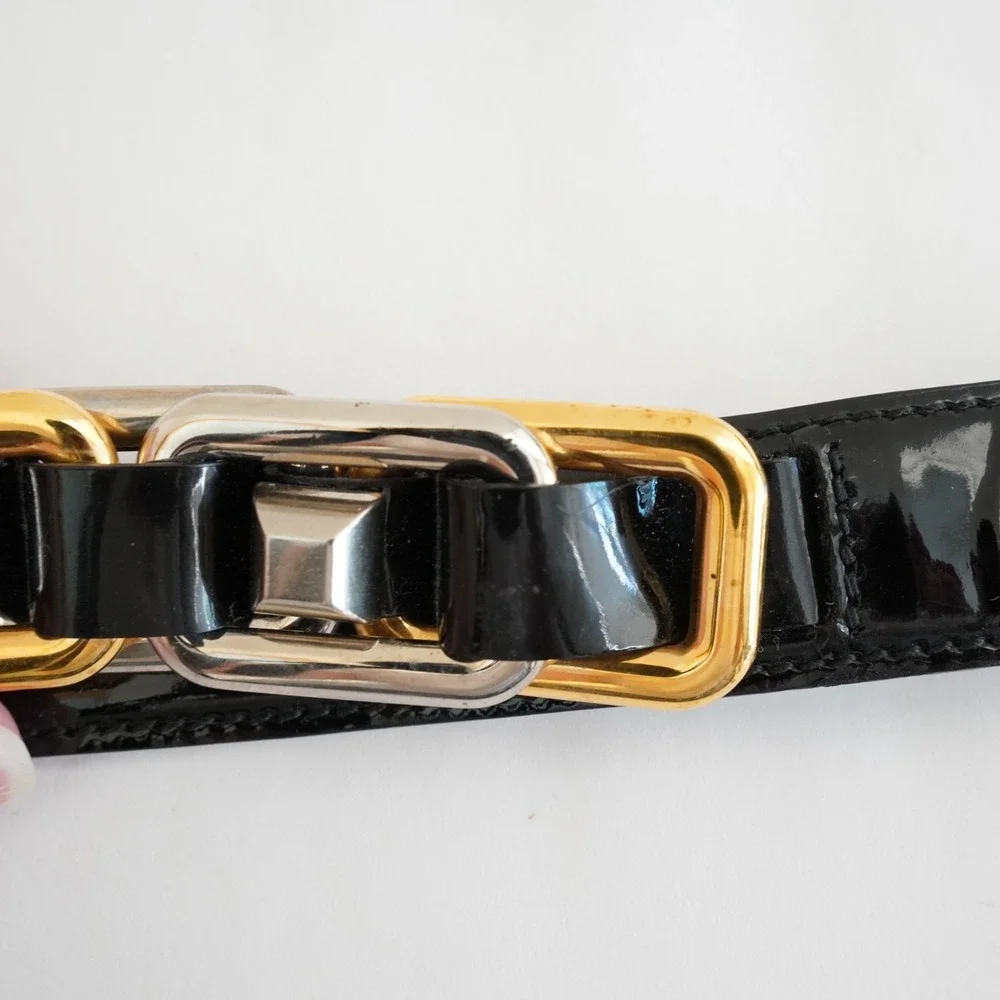 Miu Miu Patent Leather Chain Link Belt Womens S Black Statement Designer Thin